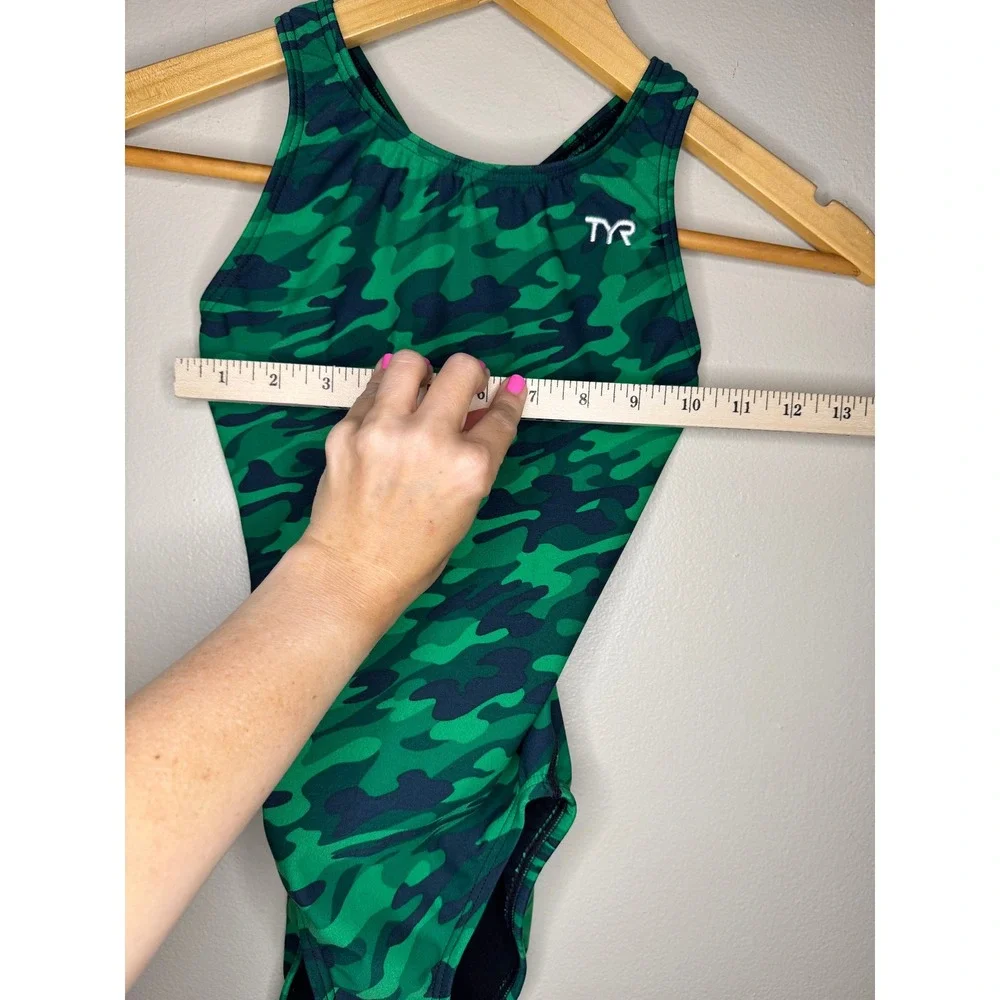 TYR Girls Green Camo One Piece Swimsuit Racerback Performance Swim Size 24